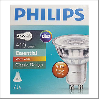 MARKPRO LIGHTING  Philips Essential LED 220V 4.6W 3000K 36D GU10 15000hrs.  (no dim)