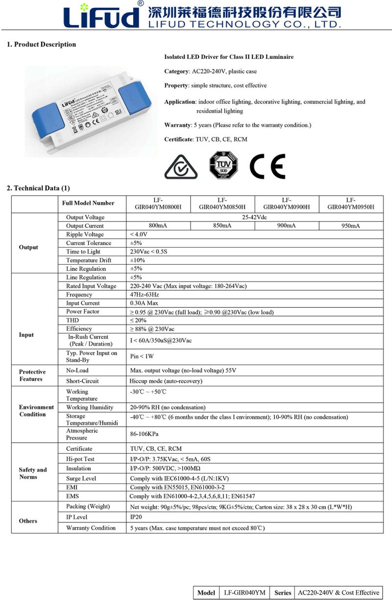 LIFUD LED drivers LF-GIR040YM0800H 24-42VDC 800mA – MARKPRO LIGHTING