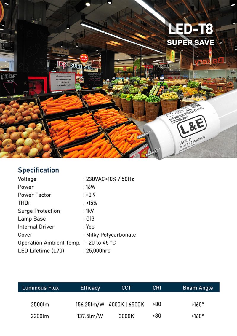 Super 8 Led L&E Super Save LED T8 16W 6500K 2500lm SE (120cm.) – MARKPRO LIGHTING